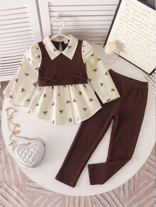 SHEIN Elladie kids 女童學院風蝴蝶結印花泡泡袖拼接軟毛絨羅紋 2 合 1 上衣與彈性腰鬆緊褲 2 件套，秋季時尚休閒套裝，適合學校、戶外、運動與姐妹聚會 - 棕色 - 查看 3