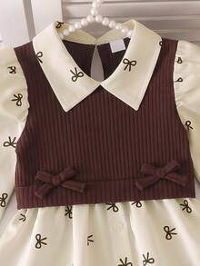 SHEIN Elladie kids 女童學院風蝴蝶結印花泡泡袖拼接軟毛絨羅紋 2 合 1 上衣與彈性腰鬆緊褲 2 件套，秋季時尚休閒套裝，適合學校、戶外、運動與姐妹聚會 - 棕色 - 查看 4
