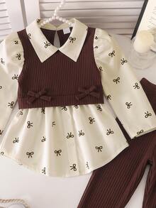 SHEIN Elladie kids 女童學院風蝴蝶結印花泡泡袖拼接軟毛絨羅紋 2 合 1 上衣與彈性腰鬆緊褲 2 件套，秋季時尚休閒套裝，適合學校、戶外、運動與姐妹聚會 - 棕色 - 查看 6