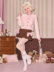 ROMWE Kawaii Autumn/Winter Sweet Girl Brown Wool Pink Bow Decor Low Waist Women's Skirt - Brown - View 7