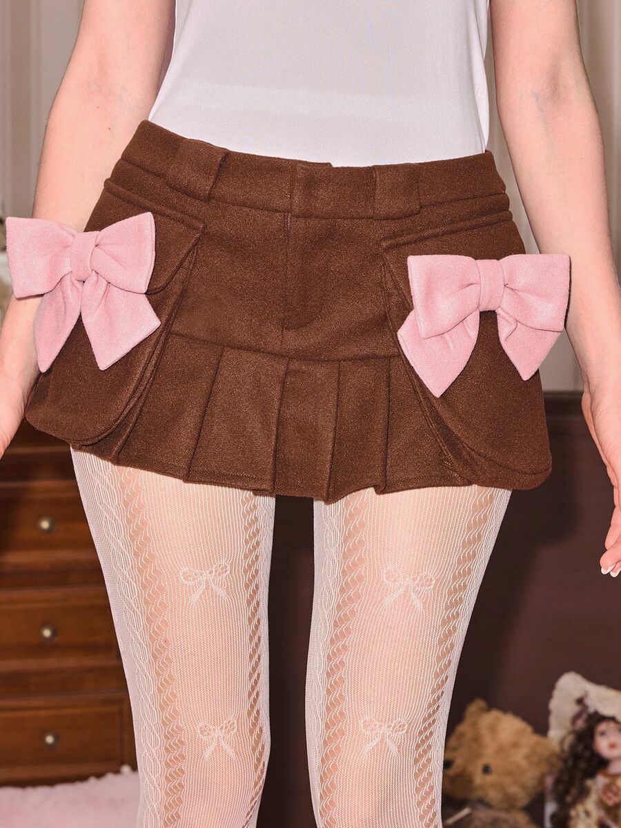 ROMWE Kawaii Autumn/Winter Sweet Girl Brown Wool Pink Bow Decor Low Waist Women's Skirt - Brown - View 1