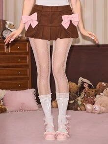 ROMWE Kawaii Autumn/Winter Sweet Girl Brown Wool Pink Bow Decor Low Waist Women's Skirt - Brown - View 3