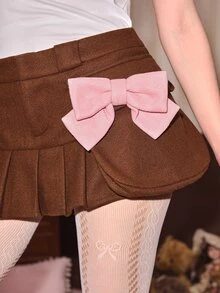ROMWE Kawaii Autumn/Winter Sweet Girl Brown Wool Pink Bow Decor Low Waist Women's Skirt - Brown - View 2