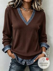 SHEIN Casual Vacation Women's V-Neck Long Sleeve AB Color Block T-Shirt, Spring Summer Autumn Winter, Elegant Top For Outings, Holiday, Commuting, Graduation, Back To School - Brown - View 3