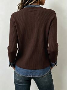 SHEIN Casual Vacation Women's V-Neck Long Sleeve AB Color Block T-Shirt, Spring Summer Autumn Winter, Elegant Top For Outings, Holiday, Commuting, Graduation, Back To School - Brown - View 2