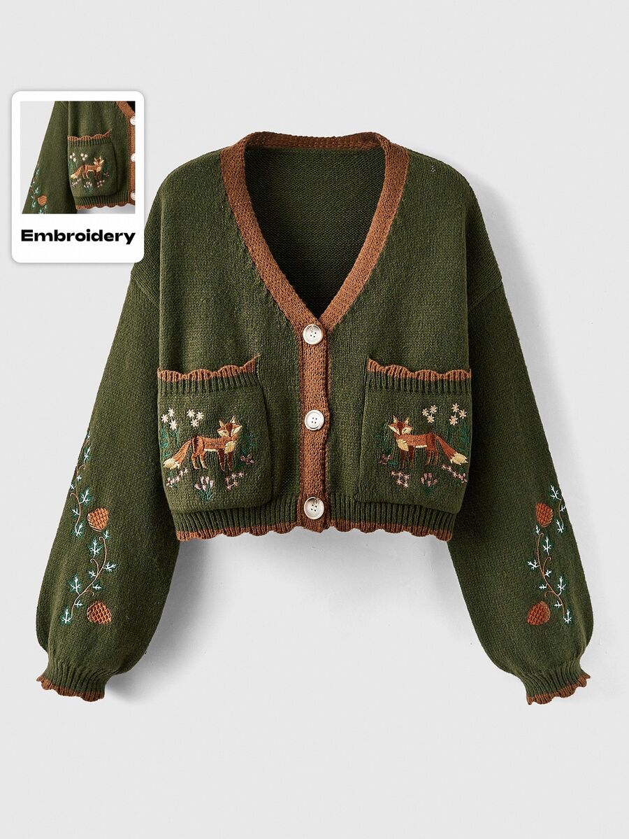 ROMWE Fairycore Flower Embroidery Patchwork Border Cardigan, School,Long Sleeve Tops - Multicolor - View 1