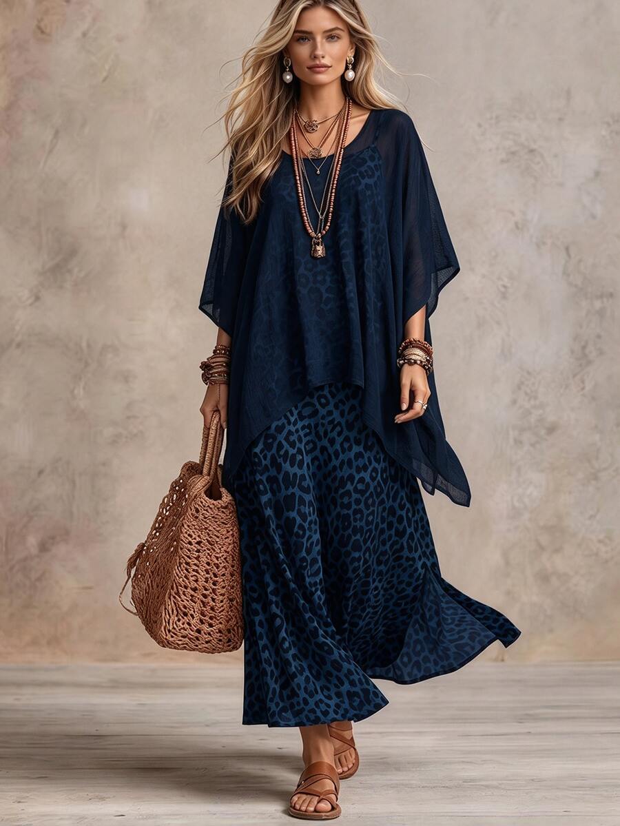 SHEIN Women's Leopard Print Dress And Cover Up Top Fashion Set - Navy Blue - View 1