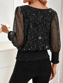SHEIN LUNE Women's Patchwork Shiny Mesh Waist Gathered Fashion T-Shirt - Multicolor - View 3