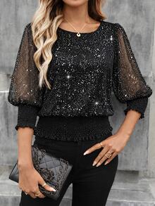 SHEIN LUNE Women's Patchwork Shiny Mesh Waist Gathered Fashion T-Shirt - Multicolor - View 9