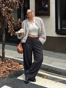 Muchica Women's Plus-Size High-Waisted Wide-Leg Suit Trousers – Fall/ Black And White, Loose, Straight-Leg Casual Business Casual Elegant Smart Office Formal - Black and White - View 8