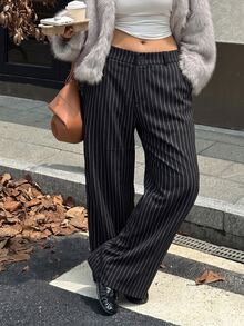 Muchica Women's Plus-Size High-Waisted Wide-Leg Suit Trousers – Fall/ Black And White, Loose, Straight-Leg Casual Business Casual Elegant Smart Office Formal - Black and White - View 5