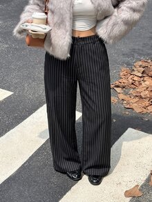 Muchica Women's Plus-Size High-Waisted Wide-Leg Suit Trousers – Fall/ Black And White, Loose, Straight-Leg Casual Business Casual Elegant Smart Office Formal - Black and White - View 7