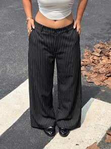 Muchica Women's Plus-Size High-Waisted Wide-Leg Suit Trousers – Fall/ Black And White, Loose, Straight-Leg Casual Business Casual Elegant Smart Office Formal - Black and White - View 2
