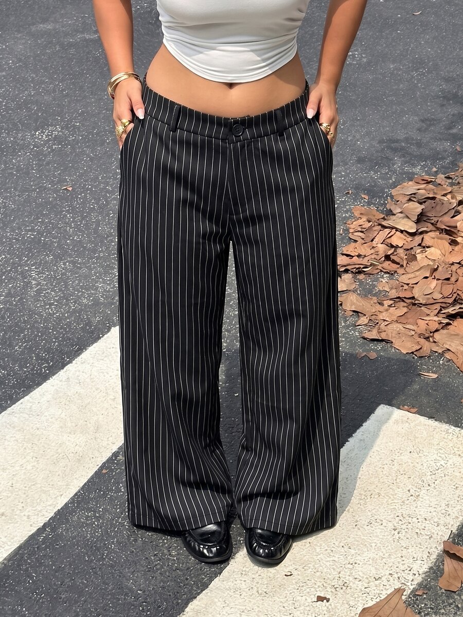 Muchica Women's Plus-Size High-Waisted Wide-Leg Suit Trousers – Fall/ Black And White, Loose, Straight-Leg Casual Business Casual Elegant Smart Office Formal