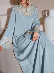 Al Najma 时尚贴花V领宽松优雅连衣裙 - 藍色 - 查看 5