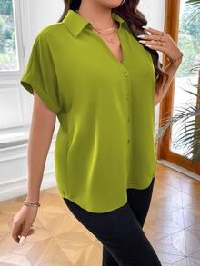 Vionelle Plus Size Solid Color Batwing Sleeve Shirt - Olive Green - View 7