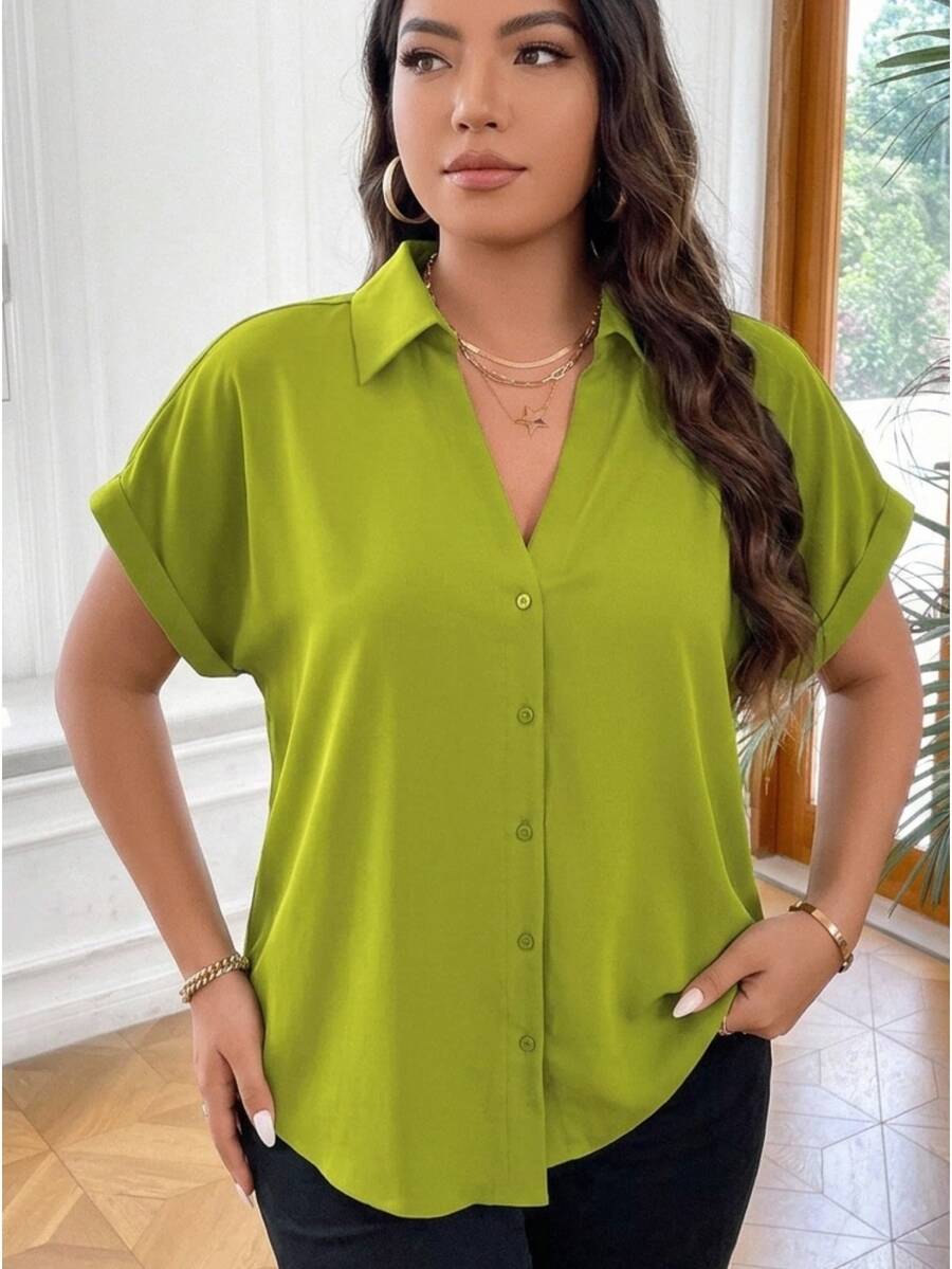 Vionelle Plus Size Solid Color Batwing Sleeve Shirt - Olive Green - View 1