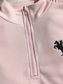 SHEIN 少女秋季運動休閒套裝 粉色 圓領運動風可愛波羅領拉鍊小立領長袖衛衣 寬腿運動褲 校園運動風 - 粉色 - 查看 7