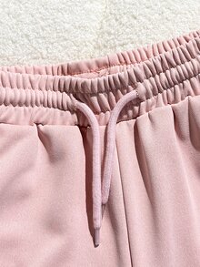 SHEIN 少女秋季運動休閒套裝 粉色 圓領運動風可愛波羅領拉鍊小立領長袖衛衣 寬腿運動褲 校園運動風 - 粉色 - 查看 8