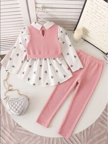 SHEIN Elladie kids 女童學院風蝴蝶結印花泡泡袖拼接軟絨羅紋2合1上衣與鬆緊腰彈性長褲兩件套，秋季時尚休閒套裝，適合上學、戶外、運動與姐妹聚會 - 粉色 - 查看 2