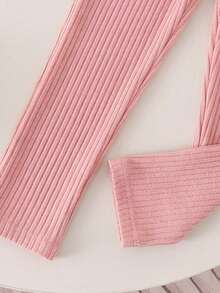 SHEIN Elladie kids 女童學院風蝴蝶結印花泡泡袖拼接軟絨羅紋2合1上衣與鬆緊腰彈性長褲兩件套，秋季時尚休閒套裝，適合上學、戶外、運動與姐妹聚會 - 粉色 - 查看 7