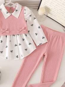 SHEIN Elladie kids 女童學院風蝴蝶結印花泡泡袖拼接軟絨羅紋2合1上衣與鬆緊腰彈性長褲兩件套，秋季時尚休閒套裝，適合上學、戶外、運動與姐妹聚會 - 粉色 - 查看 5