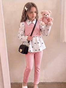 SHEIN Elladie kids 女童學院風蝴蝶結印花泡泡袖拼接軟絨羅紋2合1上衣與鬆緊腰彈性長褲兩件套，秋季時尚休閒套裝，適合上學、戶外、運動與姐妹聚會 - 粉色 - 查看 1