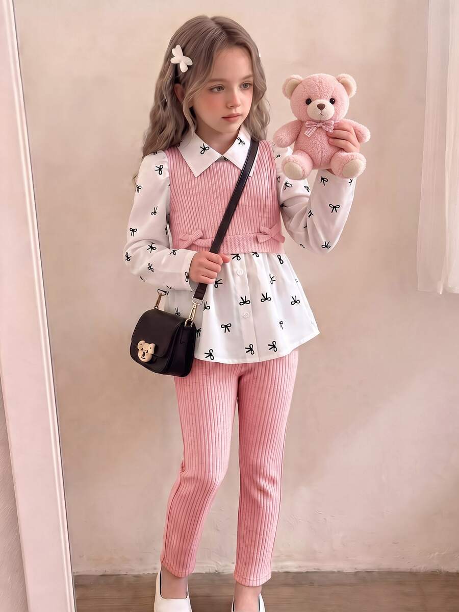 SHEIN Elladie kids 女童學院風蝴蝶結印花泡泡袖拼接軟絨羅紋2合1上衣與鬆緊腰彈性長褲兩件套,秋季時尚休閒套裝,適合上學、戶外、運動與姐妹聚會 - 粉色 - 查看 1