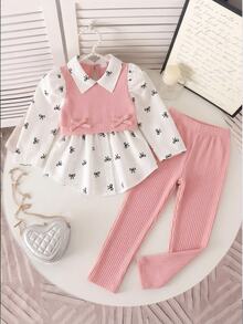 SHEIN Elladie kids 女童學院風蝴蝶結印花泡泡袖拼接軟絨羅紋2合1上衣與鬆緊腰彈性長褲兩件套，秋季時尚休閒套裝，適合上學、戶外、運動與姐妹聚會 - 粉色 - 查看 3