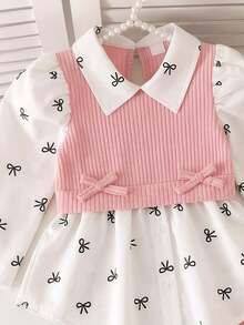 SHEIN Elladie kids 女童學院風蝴蝶結印花泡泡袖拼接軟絨羅紋2合1上衣與鬆緊腰彈性長褲兩件套，秋季時尚休閒套裝，適合上學、戶外、運動與姐妹聚會 - 粉色 - 查看 4