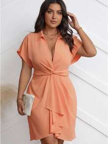 Vionelle Plus Size Summer Casual Solid Color Twist-Front Cinching Waist Batwing Sleeve Dress - Coral Orange - View 1