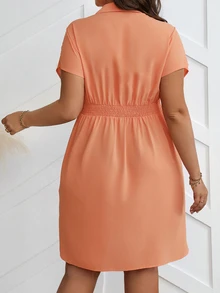 Vionelle Plus Size Summer Casual Solid Color Twist-Front Cinching Waist Batwing Sleeve Dress - Coral Orange - View 2