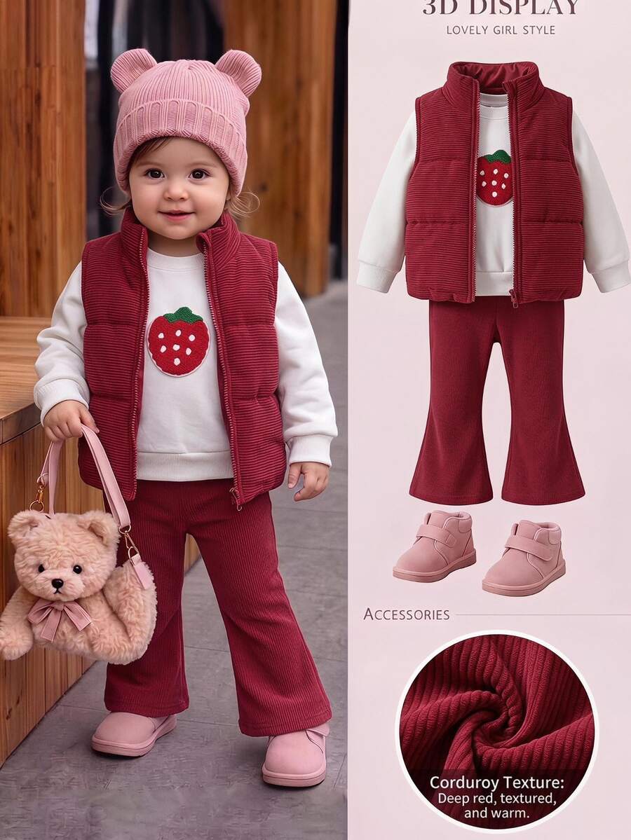 SHEIN 3pcs Toddler Girl Vest Sweatshirt Pants Cute Red White Strawberry Patch Ribbed Long Sleeve Thick Winter Holiday Katseye Capybara Elastic Set - Red - View 1