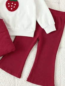 SHEIN 3pcs Toddler Girl Vest Sweatshirt Pants Cute Red White Strawberry Patch Ribbed Long Sleeve Thick Winter Holiday Katseye Capybara Elastic Set - Red - View 7