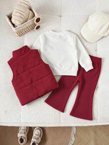 SHEIN 3pcs Toddler Girl Vest Sweatshirt Pants Cute Red White Strawberry Patch Ribbed Long Sleeve Thick Winter Holiday Katseye Capybara Elastic Set - Red - View 2