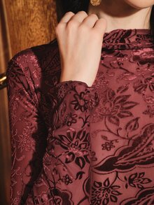 Anewsta Autumn/Winter New Burgundy Velvet Burnout Paisley Flower Stand Collar Long Sleeve Base Layer - Burgundy - View 2