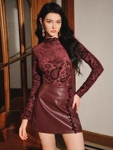Anewsta Autumn/Winter New Burgundy Velvet Burnout Paisley Flower Stand Collar Long Sleeve Base Layer - Burgundy - View 9