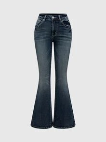 ROMWE Women's Rhinestone Wing Embroidery Pocket Low Waist Jeans ,Petite Women - Navy Blue - View 3