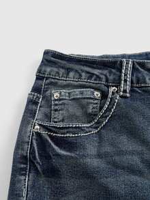 ROMWE Women's Rhinestone Wing Embroidery Pocket Low Waist Jeans ,Petite Women - Navy Blue - View 5