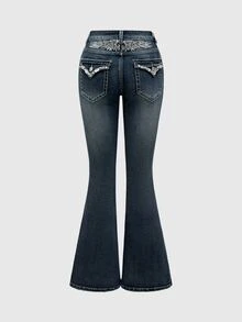 ROMWE Women's Rhinestone Wing Embroidery Pocket Low Waist Jeans ,Petite Women - Navy Blue - View 4