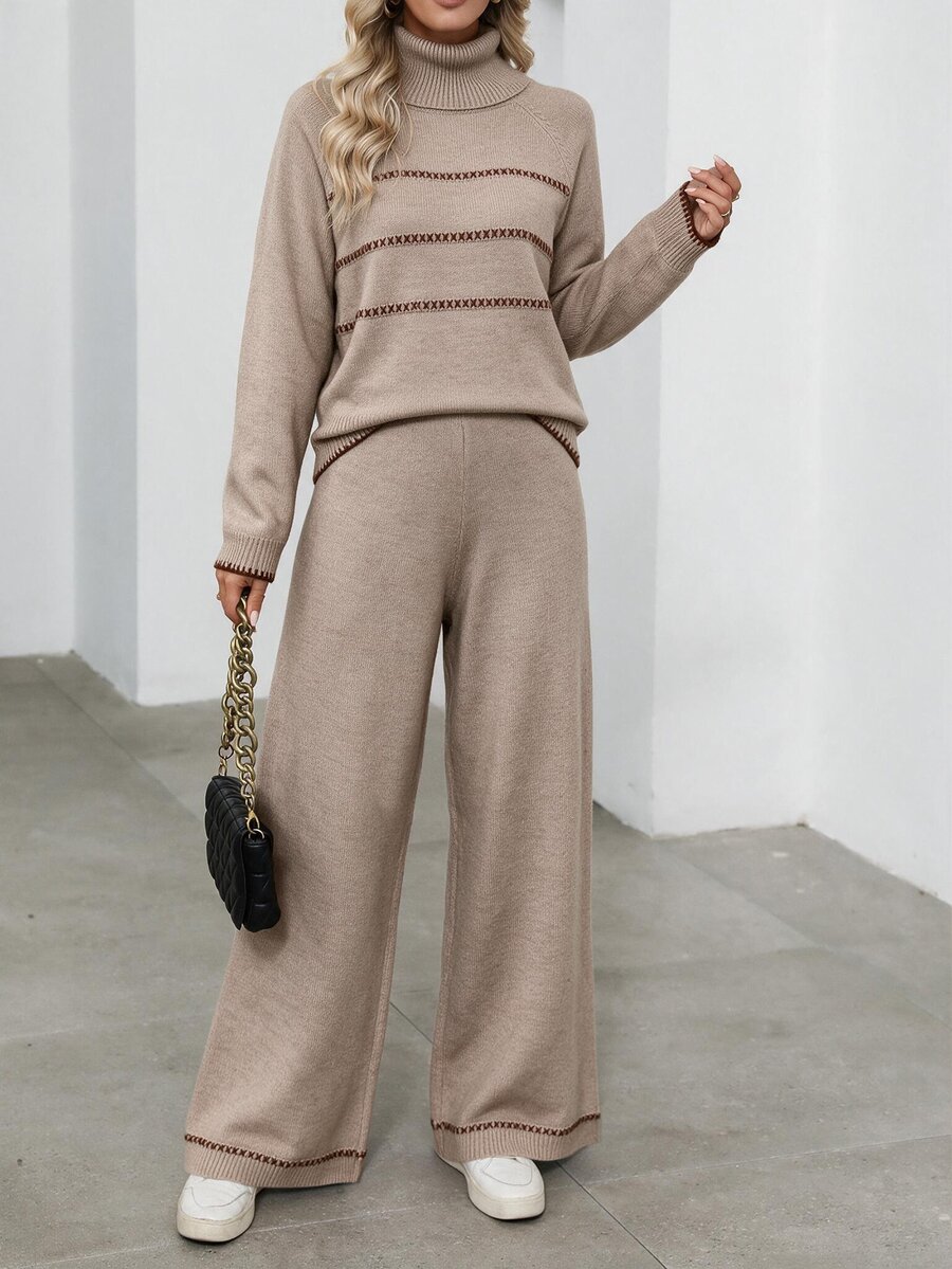 Selianne Autumn/Winter Versatile Casual Minimalist Commute Elegant Women's Sweater 2 Pieces Set Everyday Travel Beige - Khaki - View 1