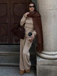 Selianne Autumn/Winter Versatile Casual Minimalist Commute Elegant Women's Sweater 2 Pieces Set Everyday Travel Beige - Khaki - View 4