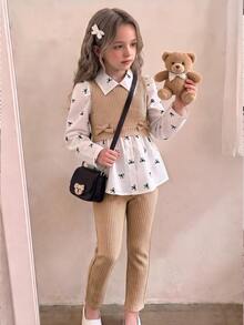 SHEIN Elladie kids 2件組 4-8歲女童學院風西式蝴蝶結印花羅紋針織假兩件長袖上衣褲子套裝，學校生日派對秋冬穿搭，白色 - 卡其色 - 查看 1