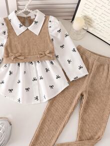 SHEIN Elladie kids 2件組 4-8歲女童學院風西式蝴蝶結印花羅紋針織假兩件長袖上衣褲子套裝，學校生日派對秋冬穿搭，白色 - 卡其色 - 查看 7