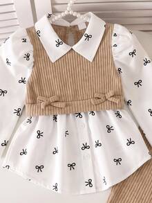 SHEIN Elladie kids 2件組 4-8歲女童學院風西式蝴蝶結印花羅紋針織假兩件長袖上衣褲子套裝，學校生日派對秋冬穿搭，白色 - 卡其色 - 查看 4
