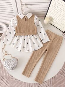 SHEIN Elladie kids 2件組 4-8歲女童學院風西式蝴蝶結印花羅紋針織假兩件長袖上衣褲子套裝，學校生日派對秋冬穿搭，白色 - 卡其色 - 查看 2