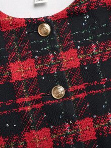 SHEIN Tween Girl Autumn/Winter Christmas Plaid Button Long Sleeve Jacket And Mini Skirt Set - Multicolor - View 7