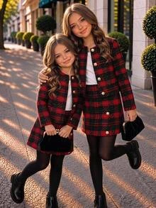 SHEIN Tween Girl Autumn/Winter Christmas Plaid Button Long Sleeve Jacket And Mini Skirt Set - Multicolor - View 9