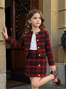 SHEIN Tween Girl Autumn/Winter Christmas Plaid Button Long Sleeve Jacket And Mini Skirt Set - Multicolor - View 8