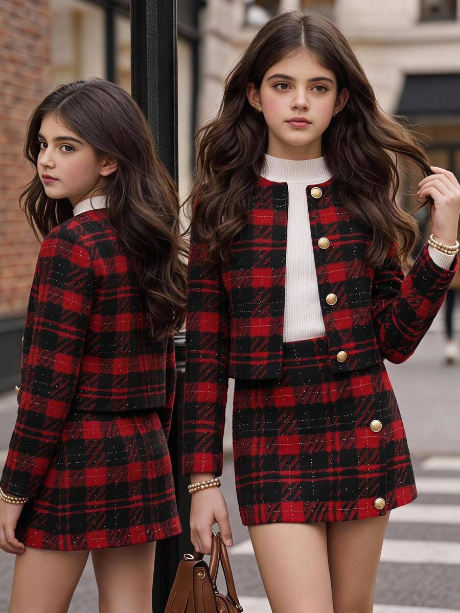 SHEIN Tween Girl Autumn/Winter Christmas Plaid Button Long Sleeve Jacket And Mini Skirt Set - Multicolor - View 1
